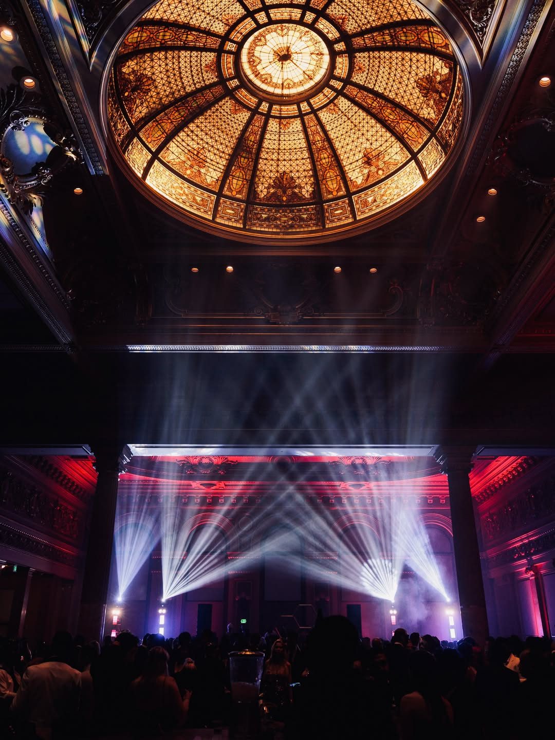 Stained glass dome over the stage at The Hibernia